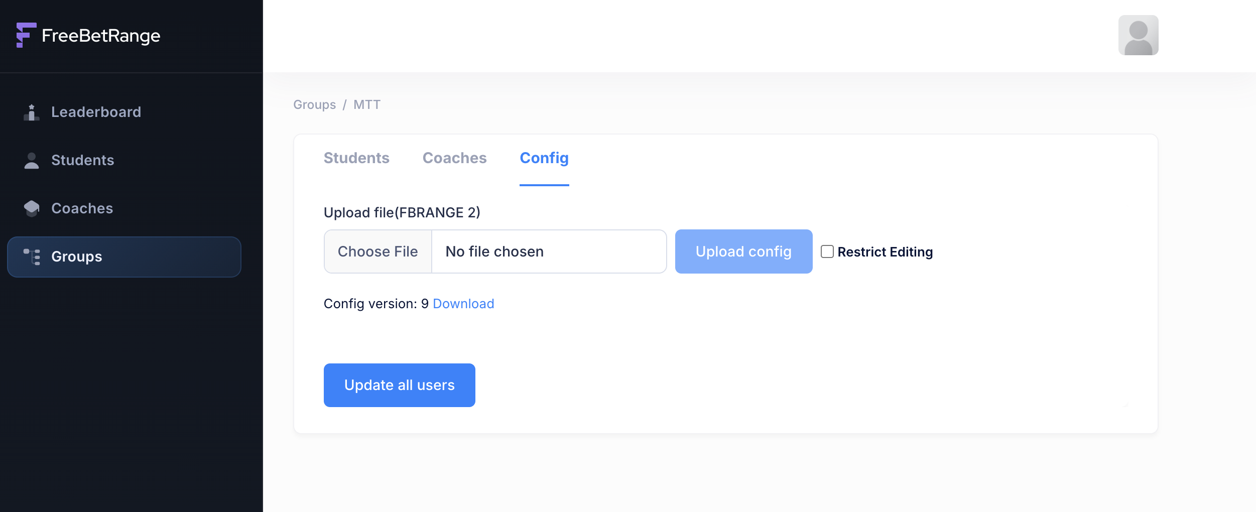 Freebetrange Dashboard - Group config